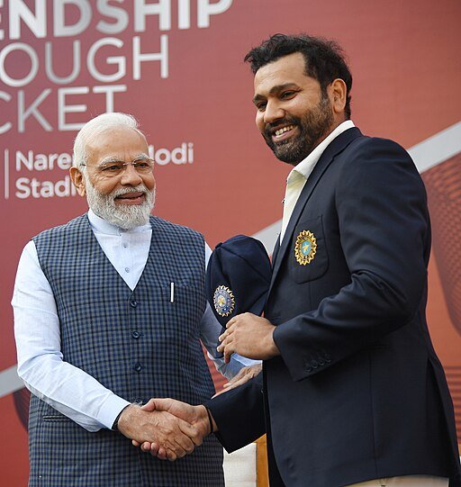 PM greets Rohit Sharma during the India vs Australia 4th Test match at Narendra Modi Stadium at Ahemdabad